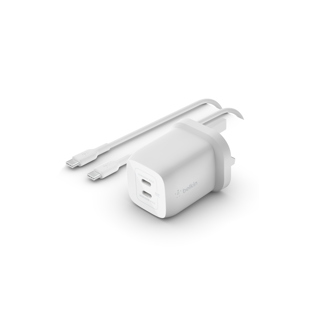 Belkin BoostCharge Pro Dual USB-C® GaN Wall Charger with PPS 65W + USB-C to USB-C Cable in Qatar Belkin BoostCharge Pro Dual USB-C® GaN Wall Charger with PPS 65W + USB-C to USB-C Cable in Qatar